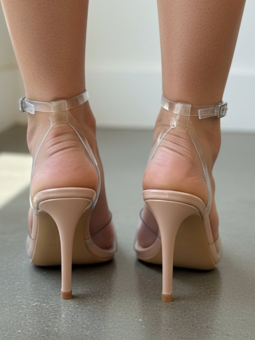NWT Kayleen Nude Clear Ankle Strap Pointed Toe Stiletto Heels - Picture 3 of 5